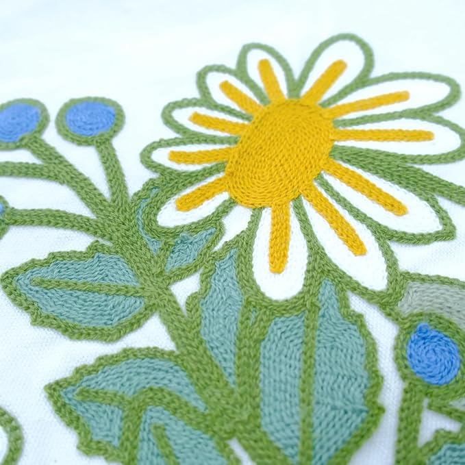 Embroidered Decorative Throw Pillow Cover, 18"x18" Set of 2, Farmhouse Pillowcase Daisy Knit Pattern Cotton Canvas Cushion Case Square Floral Pillow Case for Sofa Couch Bed Living Room…