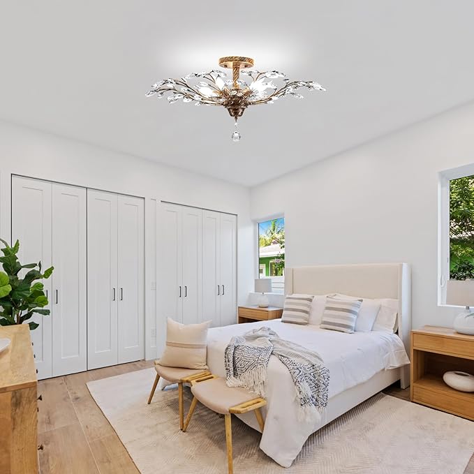 Ganeed Vintage Crystal Chandelier, Modern Bronze Branches Ceiling Light Fixture with 5-Light Heads for Farmhouse Living Room Dinning Room Kitchen Over Table Hallway