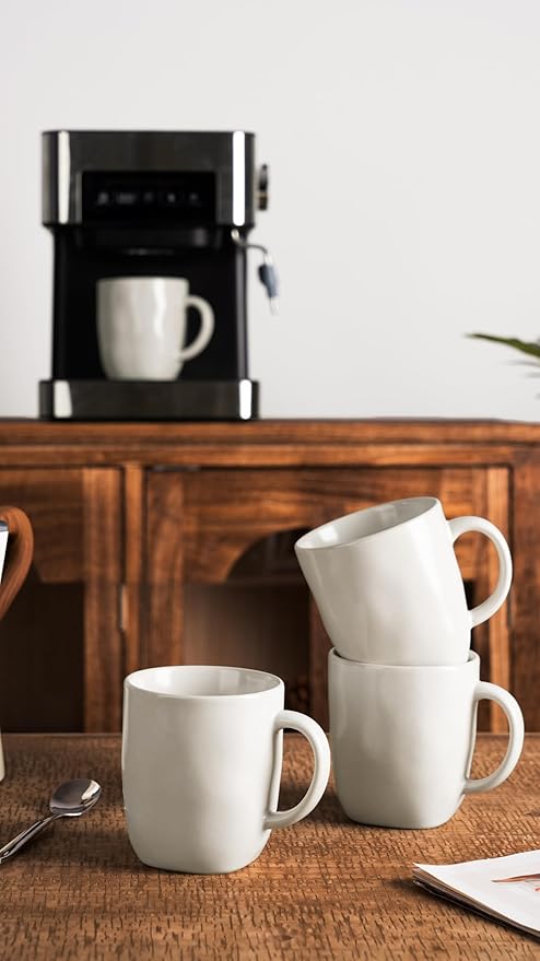 famiware Coffee Mugs Set of 4, Ocean Square 13oz Coffee Cup Set with Handle for Cocoa, Milk, Hot Chocolate, Tea, Water, Stoneware Cups for Kitchen, Microwave and Dishwasher Safe, Matte White