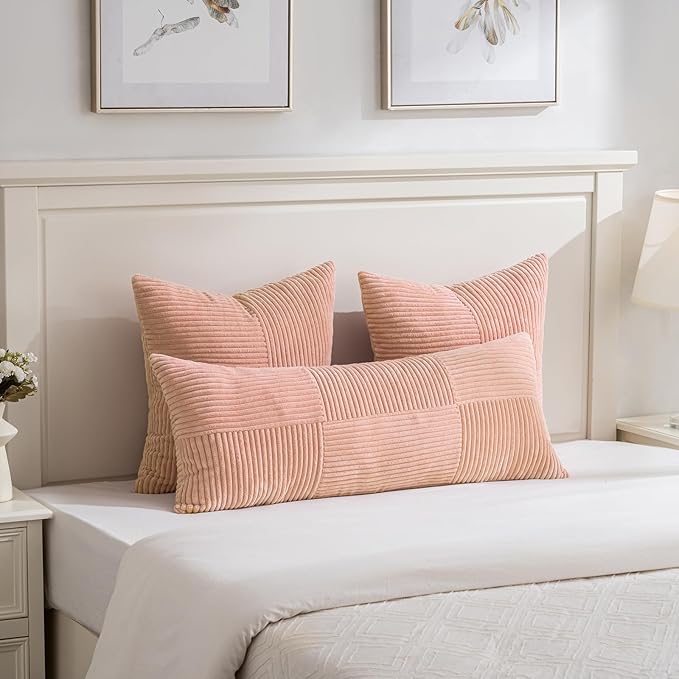 Fancy Homi 2 Packs Peach Decorative Throw Pillow Covers 22x22 Inch for Living Room Couch Bed Sofa, Rustic Farmhouse Boho Home Decor, Soft Corss Corduroy Patchwork Accent Square Cushion Case 55x55 cm