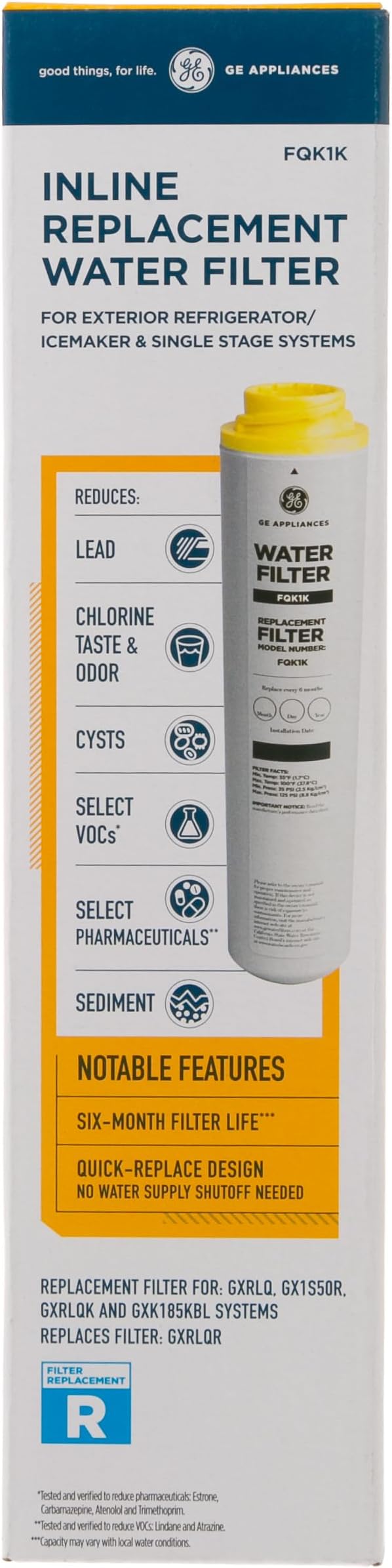 GE FQK1K Under Sink Water Filter | Replacement for Water Filtration System | Easy Install | Reduces Sediment, Rust & Other Impurities from Water | Replace Every 6 Months for Best Results | 1 Filter