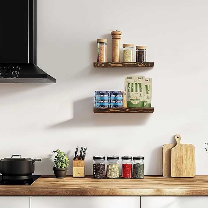 Floating Wall Shelves - 16"x6.8"x1.2" Sturdy Rustic Brown Solid Wood Shelves for Storage and Décor, Easy Installation for Living Room, Bedroom, and Kitchen - 2 Pack
