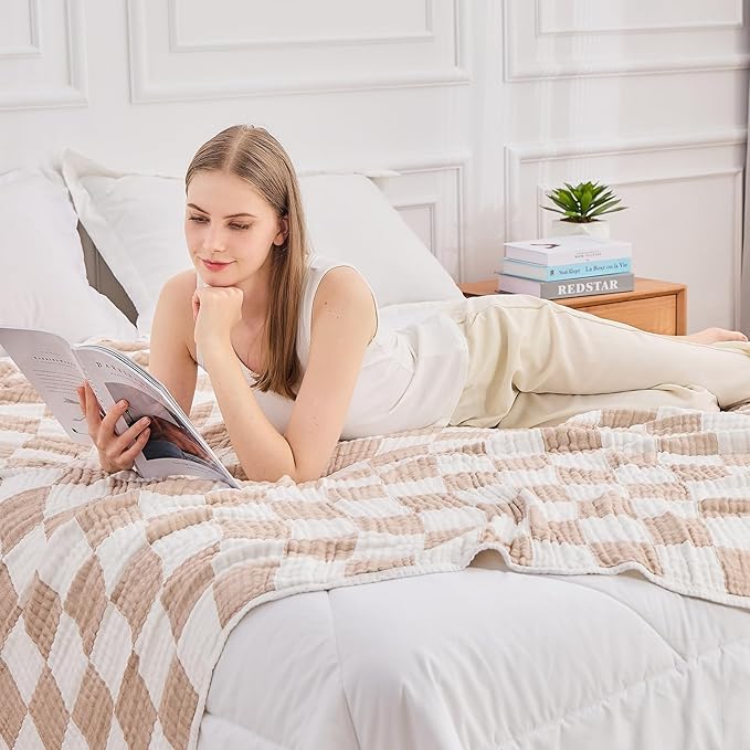 EMME Checkered Throw Blanket Cooling Cotton Blanket for Couch Soft Muslin Blankets 50"x60" Lightweight Breathable Cooling Soft All Season Gauze, Light Tan