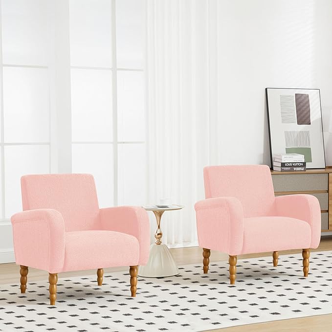 Chenille Fabric Accent Chair Set of 2, Upholstered Armchair with Solid Wood Legs, Modern Living Room Accent Chair, Comfy Single Sofa Chair Reading Club Chair for Bedroom Reception Lounge,Pink
