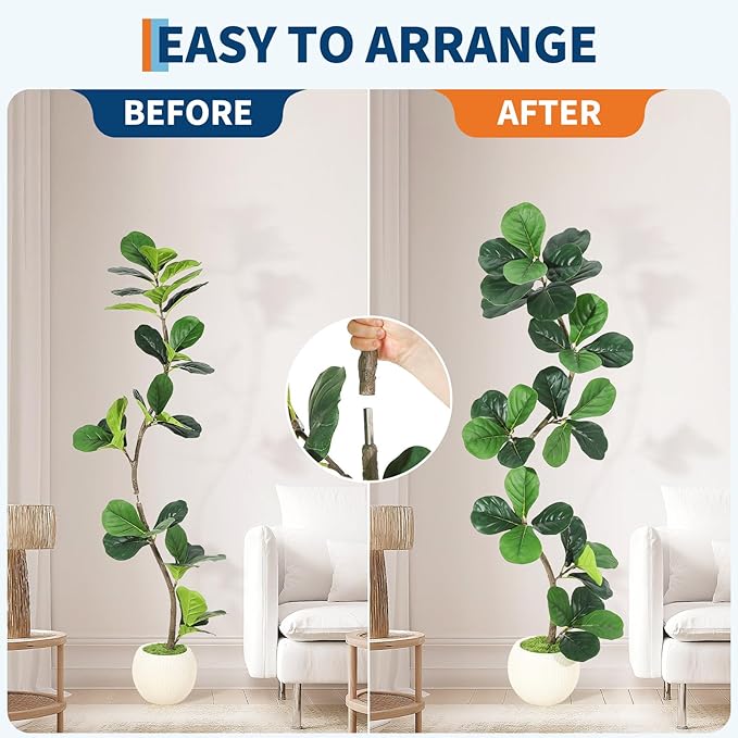 GarveeHome Fiddle Leaf Fig Artificial Tree with White Planter,5ft Faux Plants Indoor with Moss, Fake Rubber Tall Fake Floor Plant in Pot - Artificial Trees for Home Office Living Room Decor