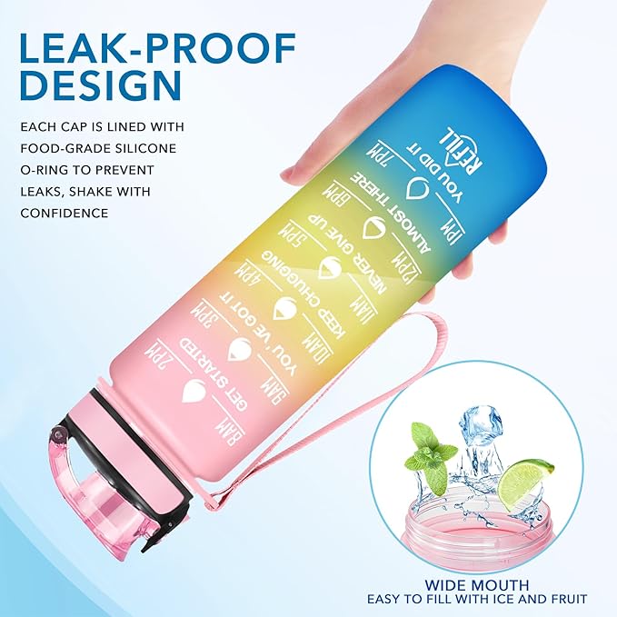 Enerbone Water Bottle, Leakproof BPA & Toxic Free, Motivational Water Bottle with Times to Drink and Straw, Fitness Sports Water Bottle with Strap for Office, Gym, Outdoor Sports