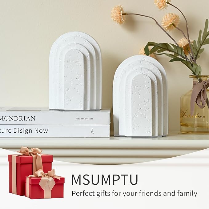 Decorative Bookends for Shelves, Set of 2 Book Ends for Heavy Books, Layered Arch Design White Bookend