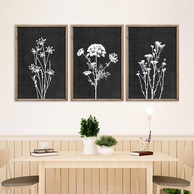 Flower Plant Wall Art Decor 24"x16" Set of 3 Black And White Botanical Painting Wood Framed For Minimalist Bedroom Office Rustic Living Room Abstract Wildflower Sign Hanging (Wood Black)