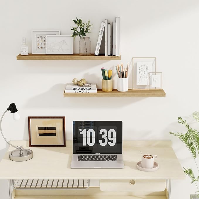 Fun Memories Floating Shelves for Wall, 32" Rustic Wood Deep Wall Mounted Shelves with Invisible Brackets for Decor & Storage, Floating Shelf for Living Room, Bathroom (Oak, Set of 2)