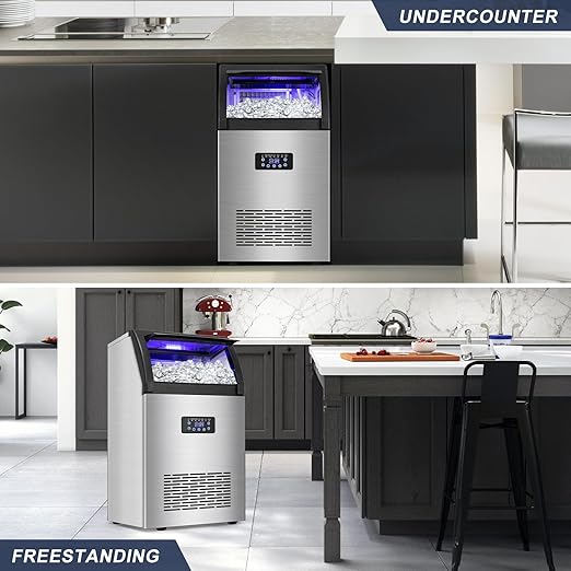 Commercial Ice Maker Machine 150LBS/24H with 50LBS Storage Bin, Stainless Steel Undercounter/Freestanding Ice Maker Machine for Home Bar Outdoor, 55PCS Ice Cubes Ice Machine, Self Cleaning