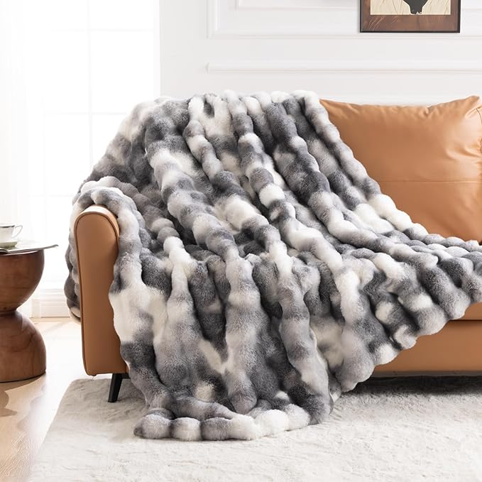 Cozy Faux Fur Throw Blanket for Bed Warm Fuzzy Throw Blanket, Soft Plush Thick Bubble Blankets for Bedroom and Living Room, Furry Luxury Blanket, 90 x 90,Tie-Dye Grey