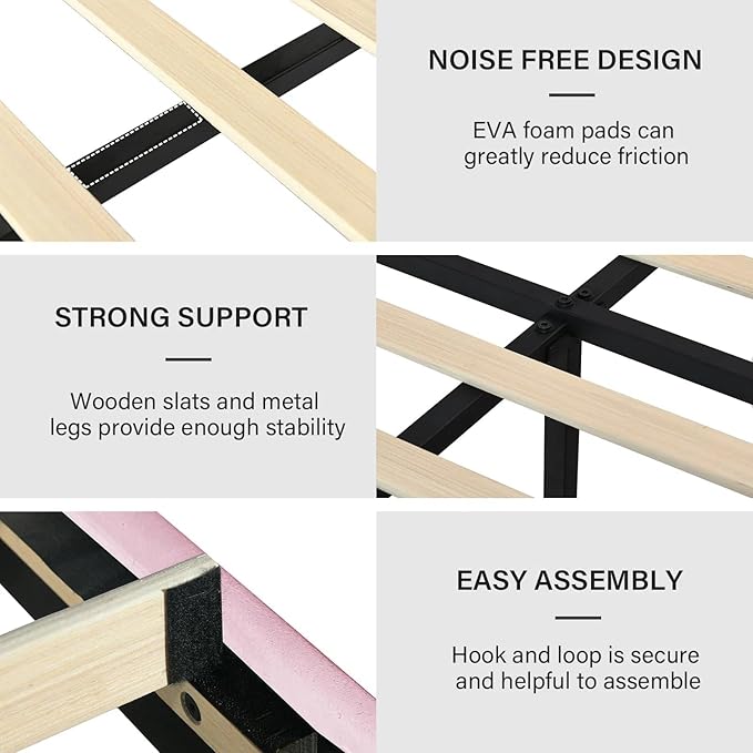 Full Size Bed Frame with Headboard, Velvet Upholstered Platform Bed with Vertical Channel Tufted Design, No Box Spring Required, Easy Assembly, Pink