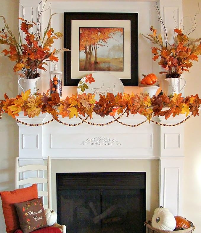 DearHouse 2 Pack Fall Maple Leaf Garland - 5.9Ft/Piece Hanging Vine Artificial Autumn Foliage for Thanksgiving, Home, Wedding, Fireplace, Party, Christmas Decor (Light Orange)