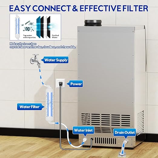 Commercial Ice Maker Machine, 110Lbs/24H, 30Lbs Storage, 36Pcs Clear Ice Cubes in 10-15Mins, Stainless Steel Under Counter or Freestanding Ice Machine - 2 Water Inlet Modes, for Home Party Office
