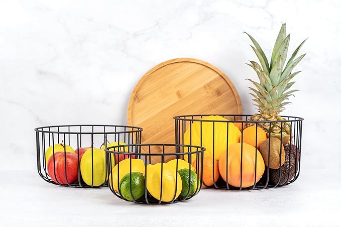 Fruit Basket for Kitchen Counter Set of 3 - Large Stackable Baskets with Bamboo Lid - Perfect Holder For Fruit and Vegetable Storage - Keep Your Countertop Classy, Tidy and Slightly Fruity!