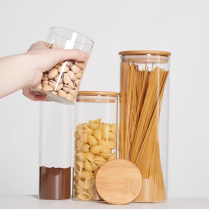 Glass Food Storage Jars, Glass Jars with Bamboo Lids, Kitchen Storage Jars, Canisters with Airtight Lids for Spice, Coffee, Cookie, Set of 7, Pantry Organizers