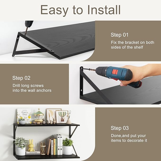 Fun Memories 20 Inch Floating Shelves for Wall, Black Bathroom Shelves Set of 2, 12 Inch Deep Wall Shelf for Bedroom, Kitchen, Large Home Decor Shelves Farmhouse Storage Shelf