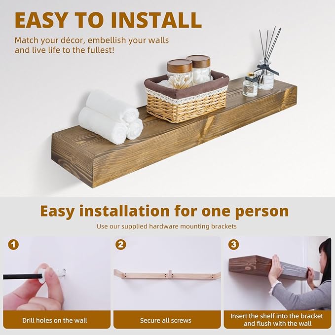 Floating Shelves 3 inch Thick for Wall Set of 2,Solid Pine Wood Wall Mount Shelf for Kitchen Living Room Bedroom Bathroom,8" D x 48" L x 3" H-Black Walnut