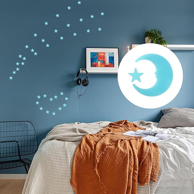 100 Stars and 1 Moon Glow in The Dark Luminous Fluorescent 3D Plastic Glow Stars Moon for Ceiling, Glowing Wall Stickers Create a Realistic Starry Sky, Room Decorations (Blue)