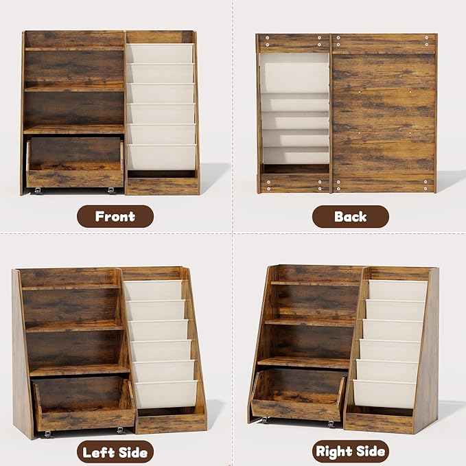 COZPAW Kids Bookshelf and Toy Storage, 4 Tier Toddler Bookshelf with Movable Drawer 5 Sling Pockets, Montessori Book Shelf for Kids Room, Playroom, Nursery (Brown)