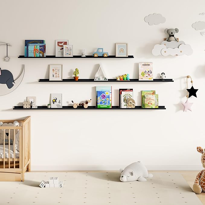 Floating Picture Ledge Shelves for Wall Set of 2, 95 Inches Picture Ledge Shelf with Long Large Nursery Book Shelf for Toys Storage Kids Bookshelf Wall Mounted Living Room Bedroom Decor Frames, Black