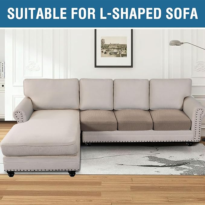 H.VERSAILTEX Super Stretch Individual Seat Cushion/Couch Slipcover Sets Thick Jacquard Textured Twill Fabric (3 Piece Sofa Covers, Sand)