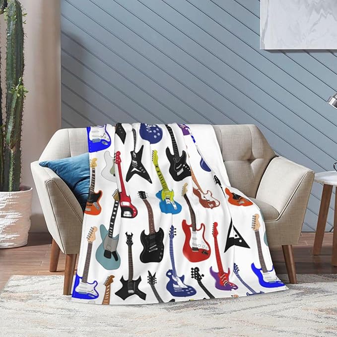 Electric Guitars Pattern Throw Blanket Music Soft Fleece Blanket Men Women Gift for Kids Boys Girls for Party Couch Sofa Bed Deco Blankets 50x40 Inch