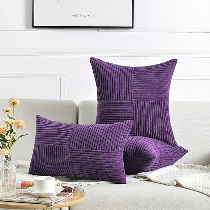 Fancy Homi 2 Packs Purple Long Lumbar Decorative Throw Pillow Covers 12x24 Inch for Living Room Couch Bed, Farmhouse Boho Home Decor, Soft Striped Corduroy Rectangle Accent Cushion Case 30x60 cm