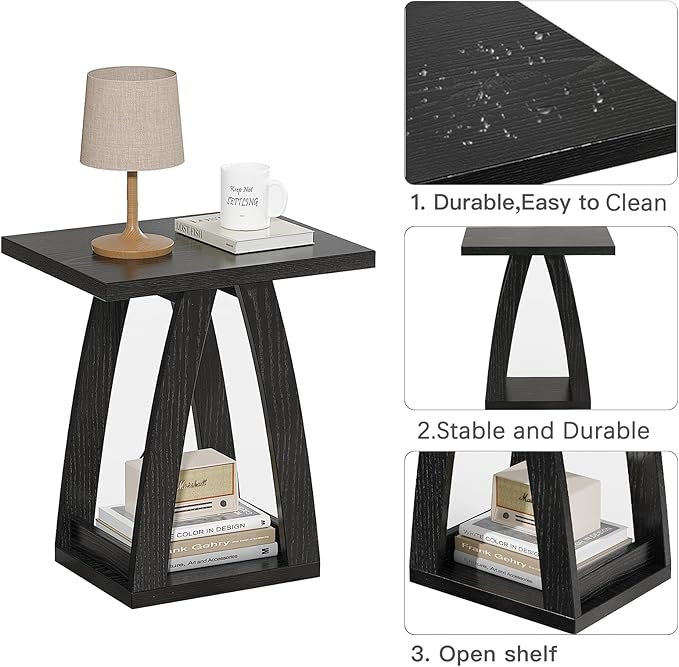 End Tables Living Room, Side Table Beside Sofa, Nightstand for Bedroom, Couch Side Table with Shelf, Modern End Table for Living Room, Black End Table Set of 2