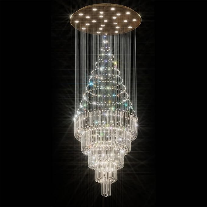Flashing God D40''X H110'' High Ceiling Big Chandelier Crystal Raindrop Gold Chandeliers Staircase Large Chandelier Entrance Foyer High Ceiling Lighting Include 15 LED Bulbs Dimmable 2700K-4500K-6000K