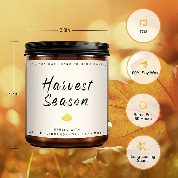 Fall Candle - Harvest Season Scented Candle, Fall Soy Candles for Home Decor, 7 oz Natural Soy Wax – Long-Lasting Autumn Candles, Aromatherapy Gift for Women & Thanksgiving, 7oz