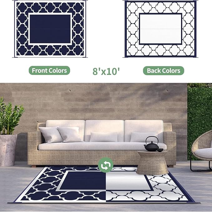 GENIMO Outdoor Rug Waterproof for Patio Decor, 8'x10' Reversible Plastic Straw Rug Carpet, Camping Mats for Outdoor, RV, Backyard, Deck, Balcony, Picnic, Blue & White