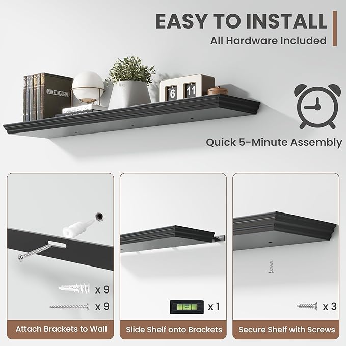 Floating Shelves for Wall, 48 Inch Long Wall Mounted Black Hanging Shelf for Kitchen, Living Room, Office, Bedroom, Bathroom, Retro Vintage Wood Bookshelf for House Decor