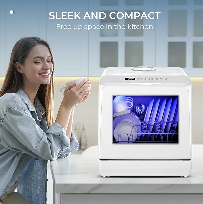 EUHOMY Portable Dishwasher Countertop Dishwasher, Mini Dishwasher Countertop with 5L Built-in Water Tank with 6 Modes, White, Table top dish washer with Baby Care for Apartment & RVs, No Hookup Needed