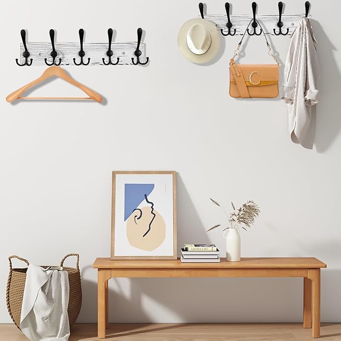 Coat Rack Wall Mount Wooden Hat Rack for Wall Hooks Pine Real Wood Plank 16.9" White Coat Hanger with 5 Black Triple Hooks for Hanging Coat Hat Jacket