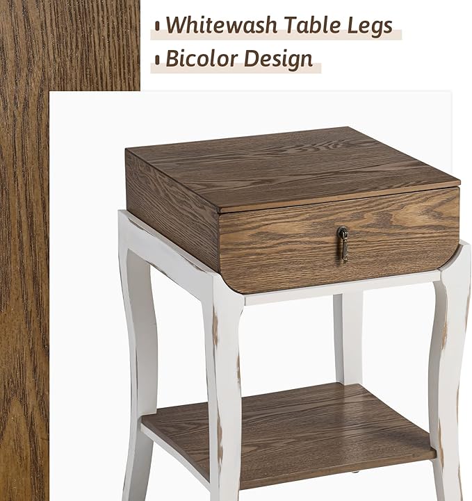 COSIEST Rustic Nightstand, 2-Tier Farmhouse Bedside Table, Wood Accent End Table with Storage Drawer and Open Display Shelf for Bedroom Nursery Living Room(Walnut)