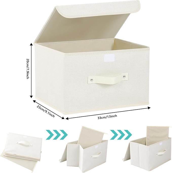 Fabric Storage Bins Cube Organizers with Flip-Top Lid and Handles,Storage Boxes for Organizing Home,Office,and Closet,Beige,3 Pack 13 X 9.1 X 7.9 in