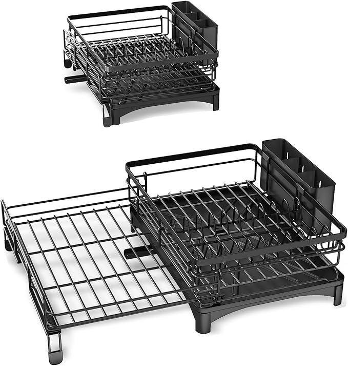 Dish Drying Rack - Extendable Dish Rack, Large Sink Drying Dish Drainer for Kitchen Counter, Stainless Steel Dish Strainer with Utensil Holder (Black)