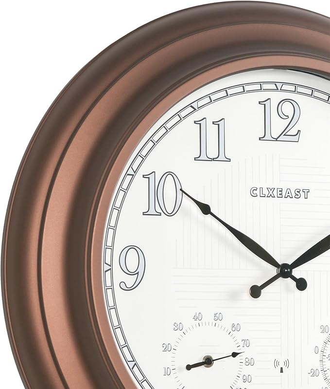 CLXEAST 24 Inch Illuminated in/Outdoor Lighted Atomic Analog Wall Clock with Thermometer & Hygrometer, Oversized Large Waterproof Wall Clocks for Living Room Decor,Bronze Finish