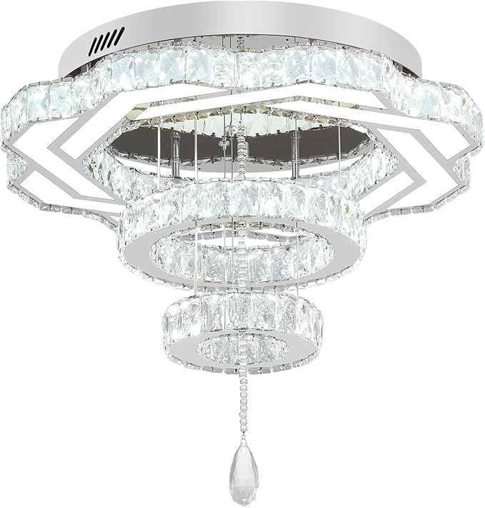 Flashing God Modern Crystal Chandeliers Dia 24" Silver Chandelier Flush Mount Ceiling Light for Bedroom Living Room Dining Room Hallway Dimmable 3 Rings LED Celing Lighting Fixtures