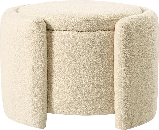 Furniliving Upholstered Button Tufted Round Ottoman, Ottoman with Storage, Teddy Footrest Stool, Removable Lid Convenient Footstools, Bedroom Ottomans with Storage for Vanity, Living Room, Beige