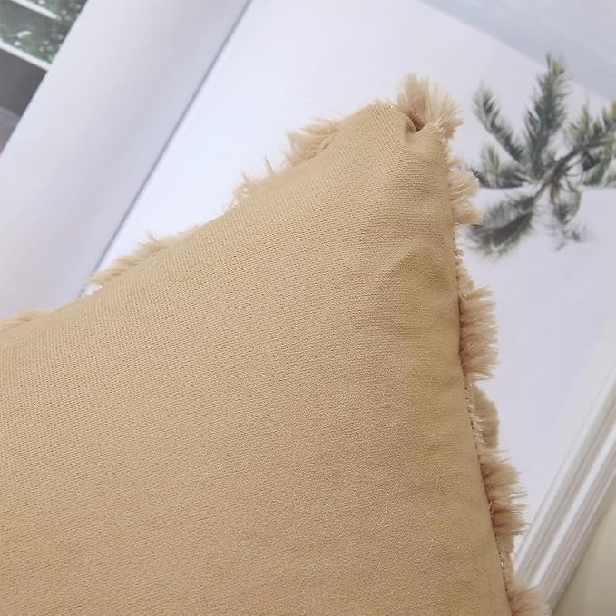 decorUhome Throw Pillow Covers 18x18 Inch Set of 2, Soft Plush Decorative Faux Fur Light Brown Solid Couch Pillow Covers, Accent Farmhouse Neutral Square Euro Pillow Cases for Sofa Bed Living Room