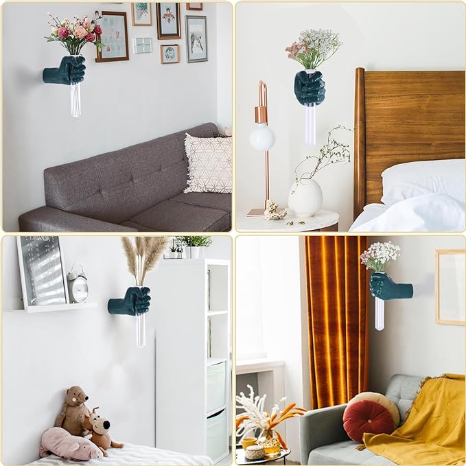 Green Wall Sculptures, Hand Vases Home Decor, Wall Mount Art Sculpture, Unique Wall Art Statue, Funky Flower Vase Decorations, Modern Eclectic Hanging Decor,Glass Test Tube Vase