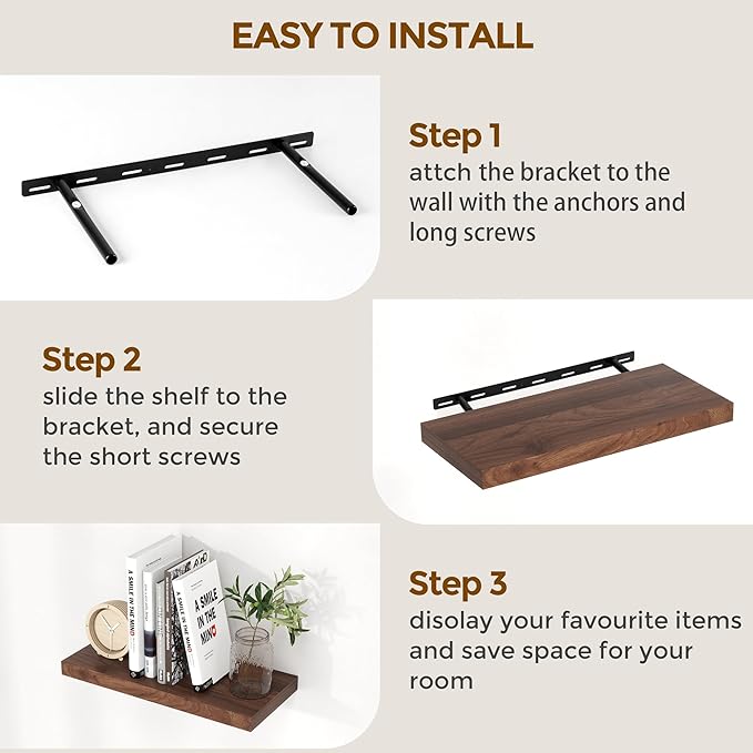 Fun Memories Rustic Wood Floating Shelves for Wall, 36 x 9 Wall Shelves Set of 2, Deep Floating Shelf for Kitchen, Living Room Storage & Display, Deep Wooden Bookshelf, Walnut Color