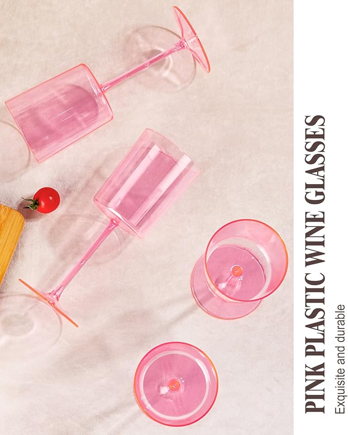 Ciaell 12 Pack Pink Plastic Wine Glasses - 14Oz Plastic Wine Glasses with Stem - Disposable Stemmed Wine Glass for Parties & Weddings & Outdoor