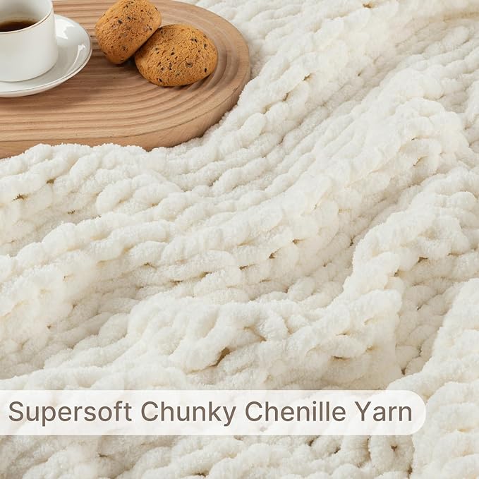 Chunky Knit Blanket Throw, 100% Hand Knit Throw Blanket Handmade Chenille Cable Knit Throw for Couch, Stylish Cozy Soft Rope Knot Crochet Blanket for Home Decor, Ivory, 60x80 Inches
