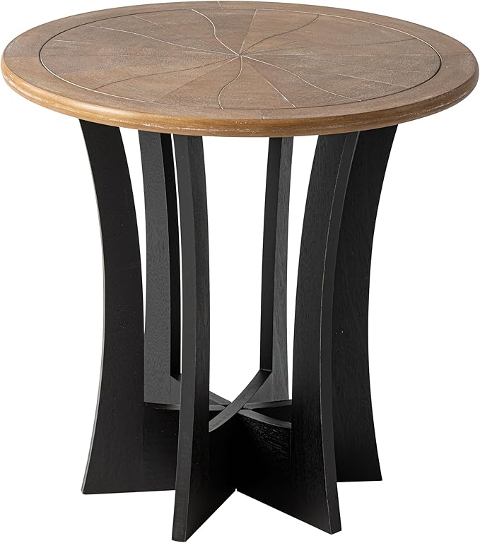 Farmhouse Round End Table with Criss-Cross Wood Legs, Rustic French Country Side Table for Dinning or Living Room, Modern, Black, Natural Wood