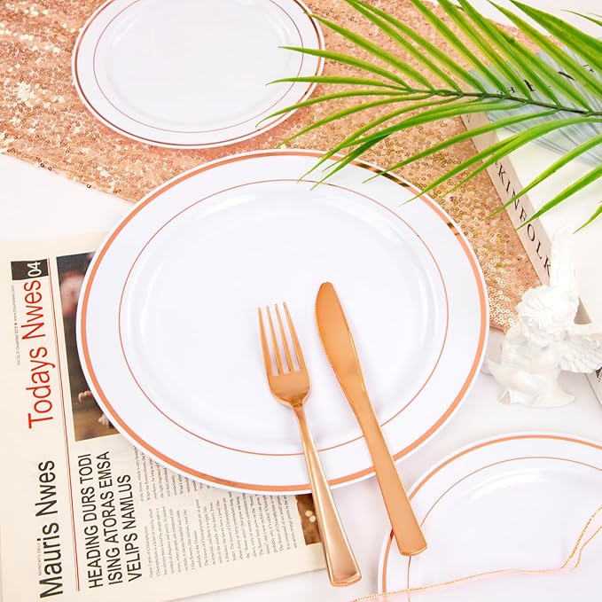 FLOWERCAT 60PCS Rose Gold Plastic Plates - Heavy Duty Rose Gold Plates Disposable for Party Wedding- Include 30PCS 10.25inch Dinner Plates and 30PCS 7.5inch Dessert Plates