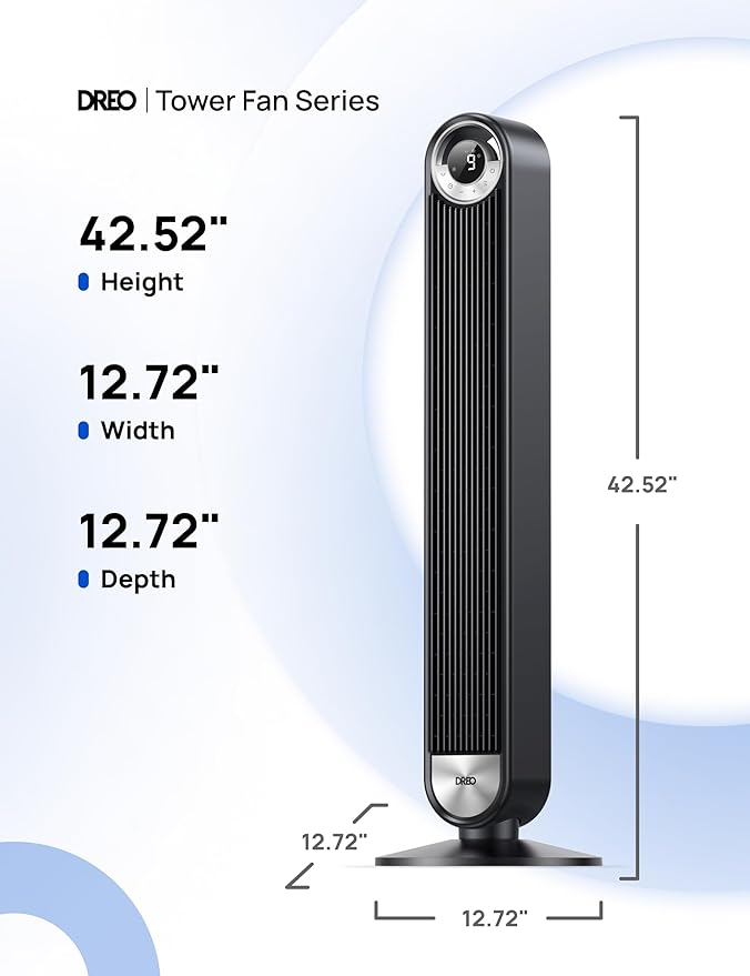 Dreo Tower Fan for Bedroom, Upgraded DC 9 Speeds 25dB Ultra-Quiet Floor Fan, 90ยฐ Oscillating Fans with 28ft/s Velocity, 12H Timer, Standing Fan, Bladeless Fan Powerful for Home Office Room
