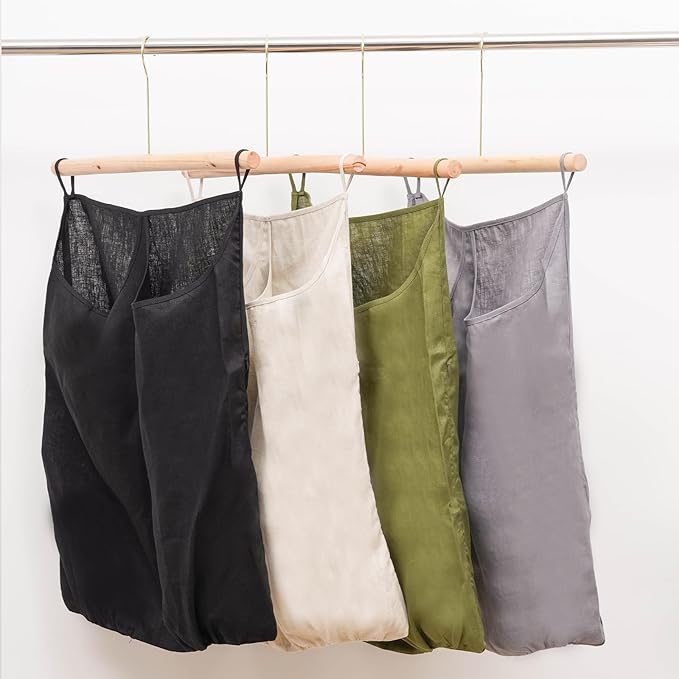 100% Pure Linen Dual Hanging Laundry Bag with 2 Deep Pocket and 2 Side Zipper 20x27in, Over The Door Laundry Hamper Space Saving Hampers for Dirty Clothes Home Travel, Green